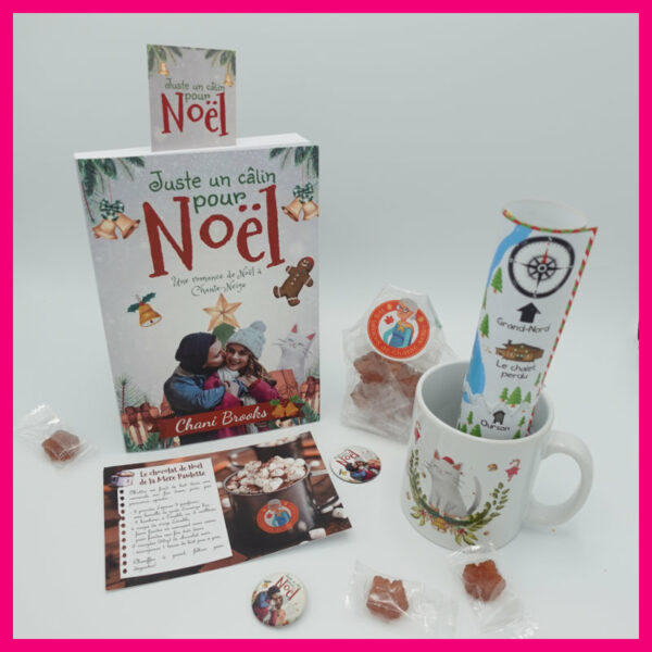 box de la romance de noël Juste un câlin pour noël avec son mug de noel avec le chat Casper, la carte de chante-neige et la recette secrète du chocolat de Noël de la mère paulette