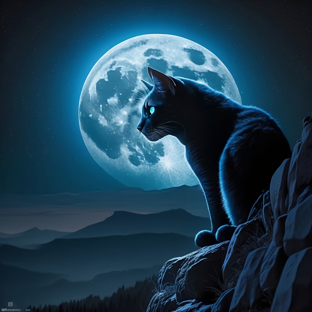 A black cat with blue eyes looks at the moon while it is sitting