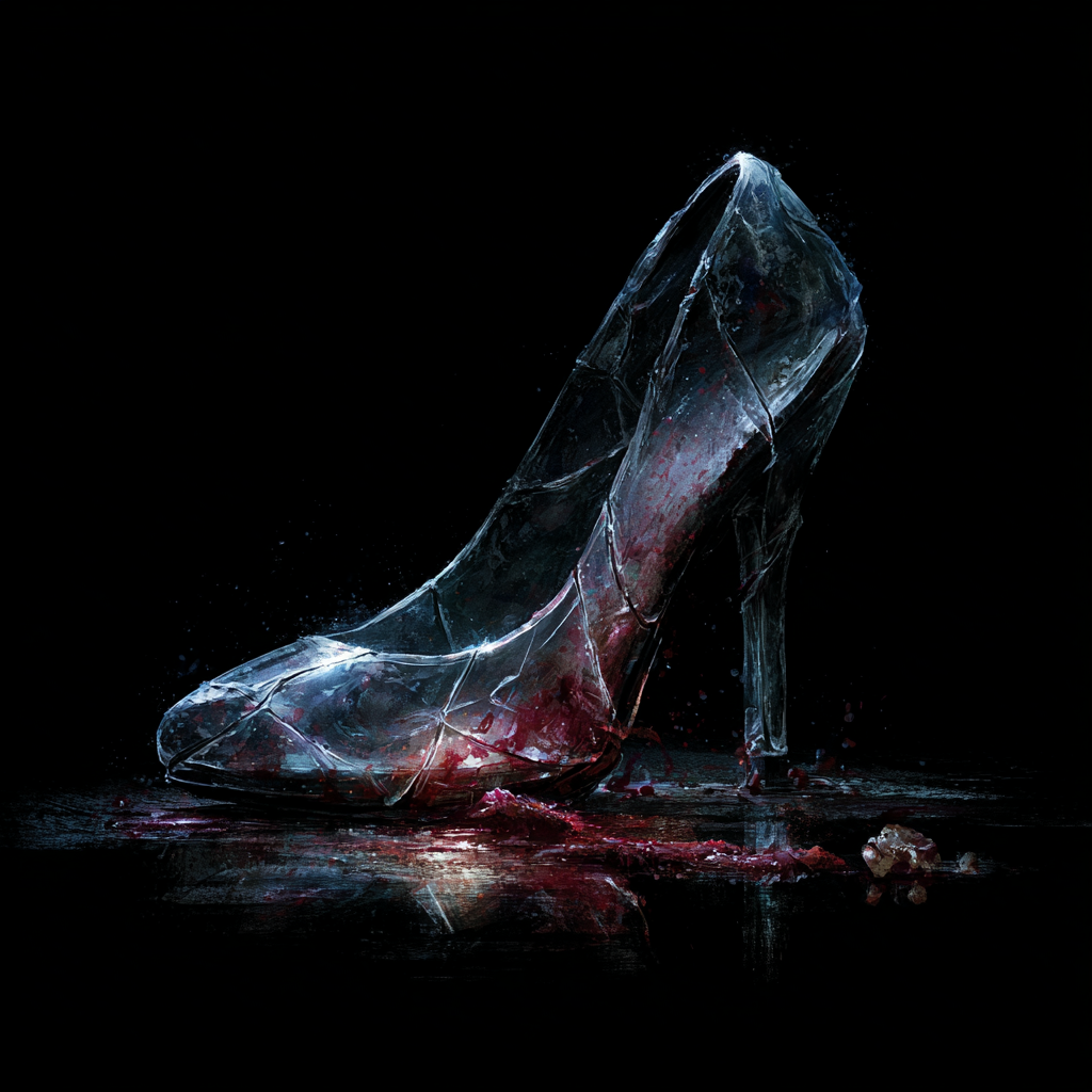 chaussure de verre brisée et ensanglantée du conte revisité de cendrillon en dark romance