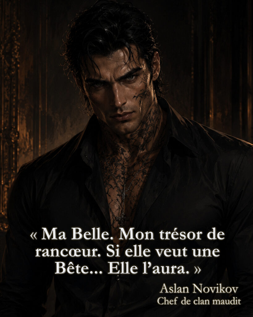 héros de dark romance avec la citation d'aslan chef de clan: «ma belle, mon trésor de rancoeur, si elle veut une bete elle l'aura»
